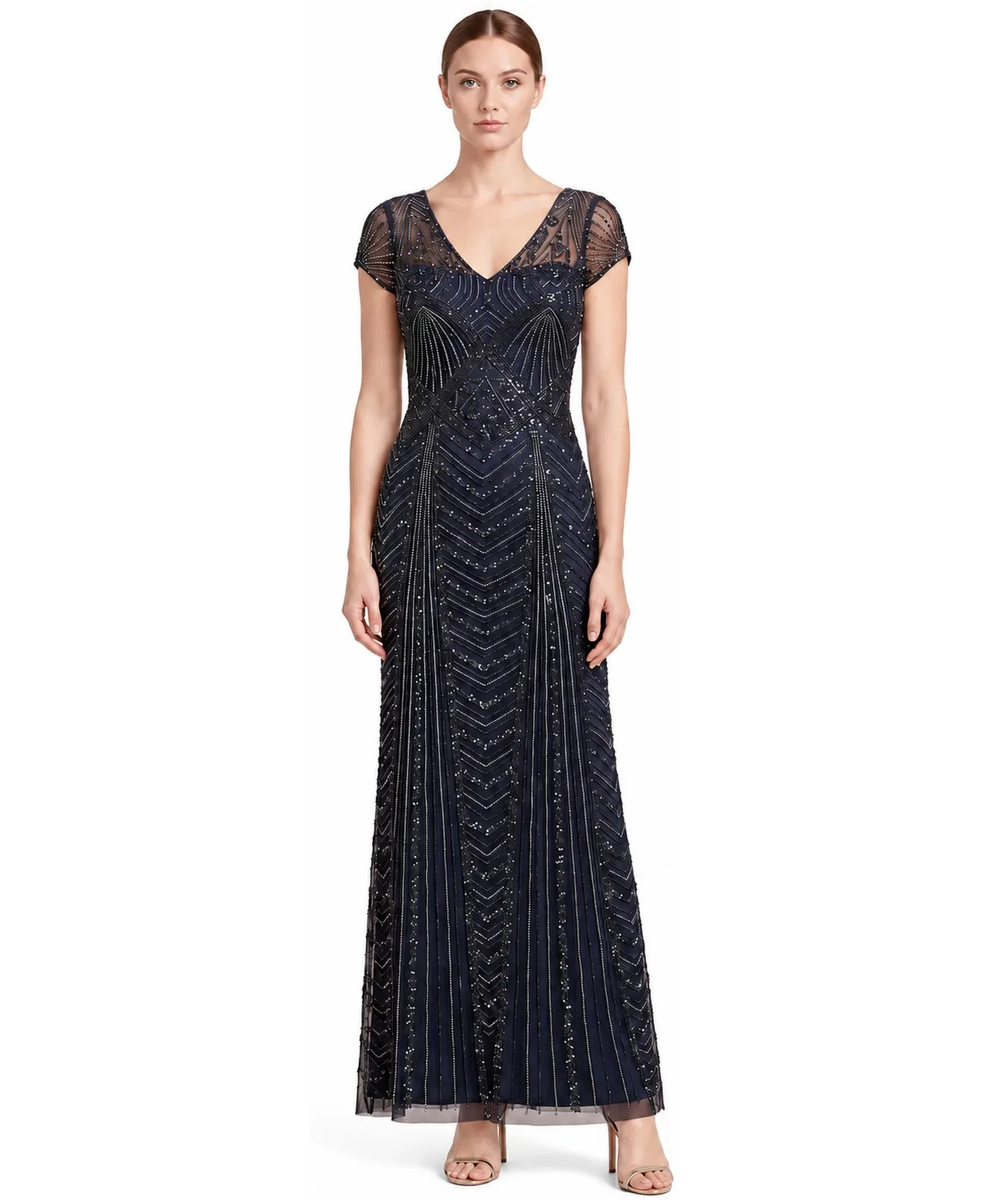 Beaded Cap Sleeve V-Neck Gown
