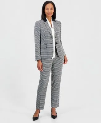 Sleeveless Tie Neck Embellished Blouse Houndstooth Two Button Blazer Mid Rise Straight Leg Pants