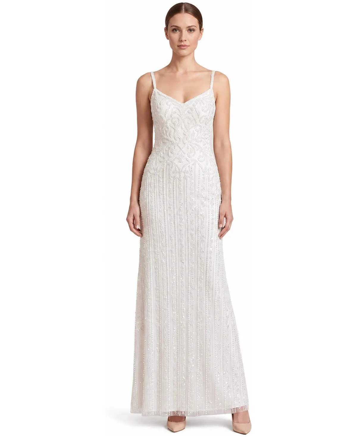 Beaded Spaghetti Strap Sheath Gown