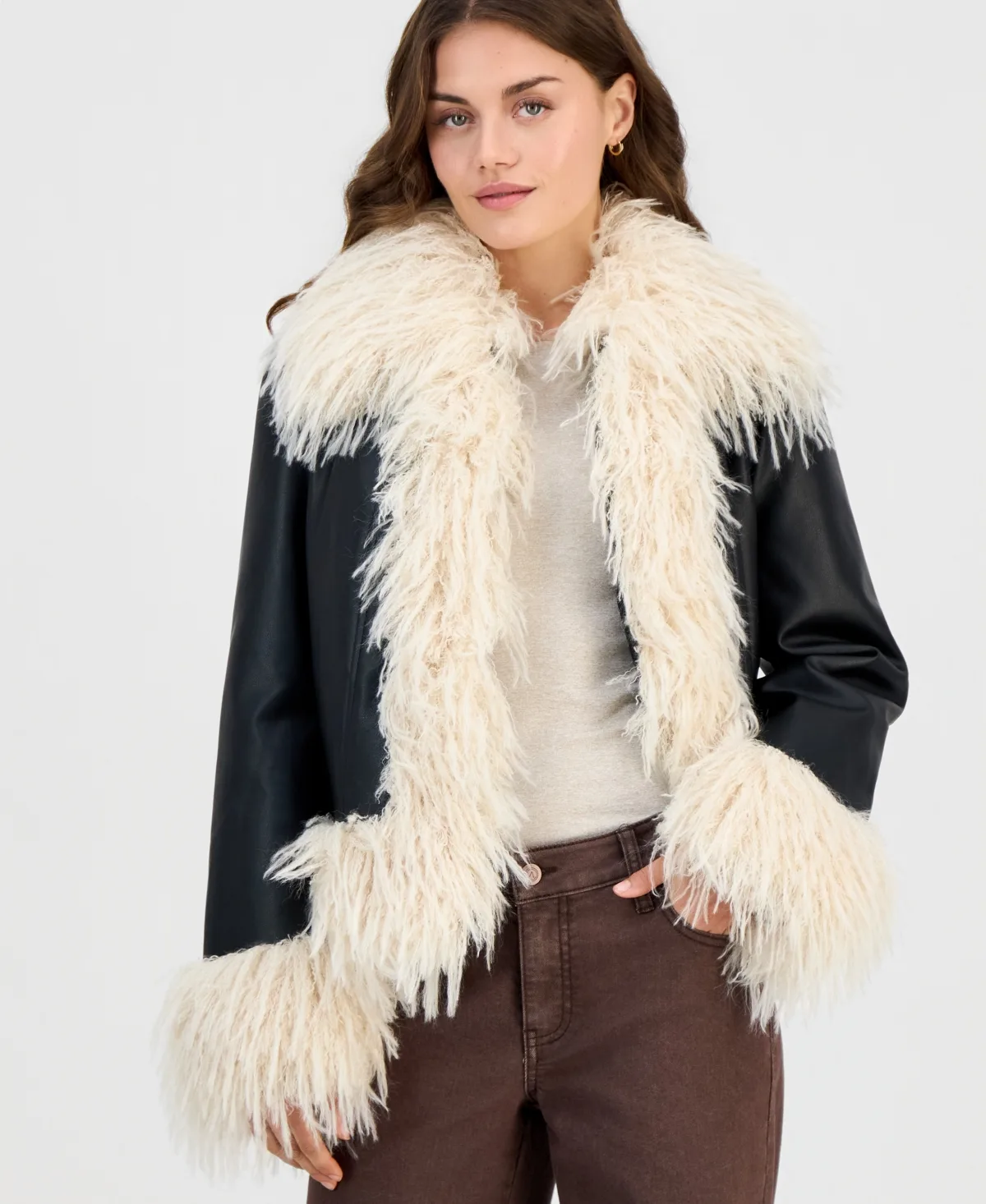 Faux-Fur Cropped Faux Leather Jacket