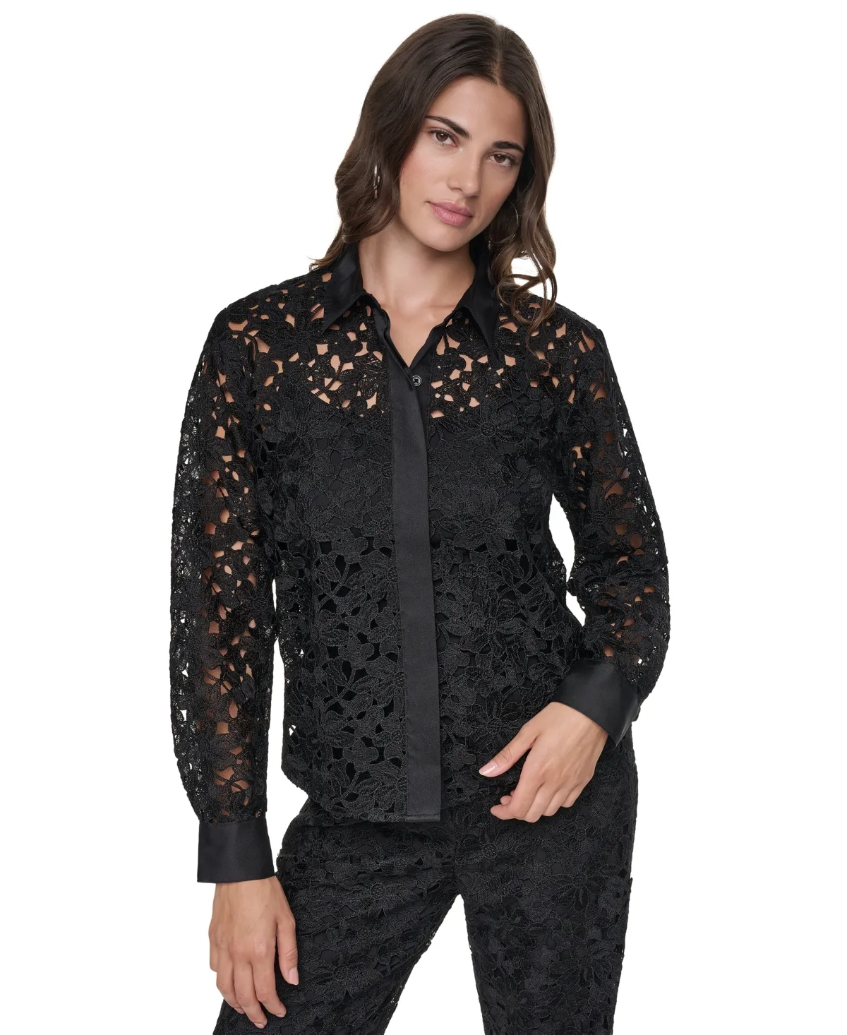 Floral Lace Sheer Long-Sleeve Button-Down Blouse