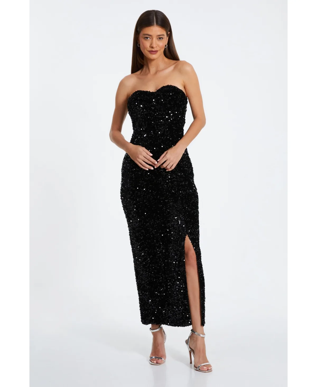 Sequin Bandeau Sweetheart Bow Back Maxi Dress