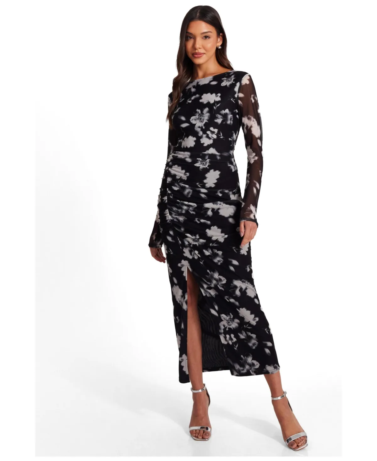 Mesh Ruched Long Sleeve Midaxi Dress