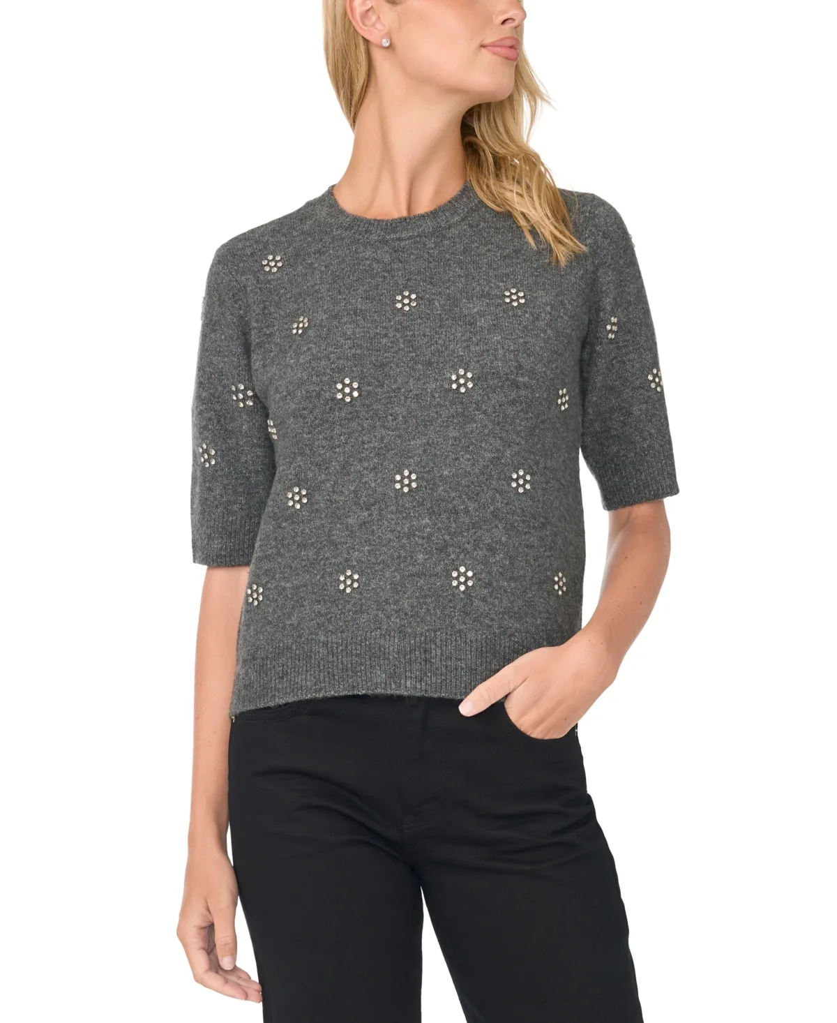 Short-Sleeve Crewneck Embellished Sweater