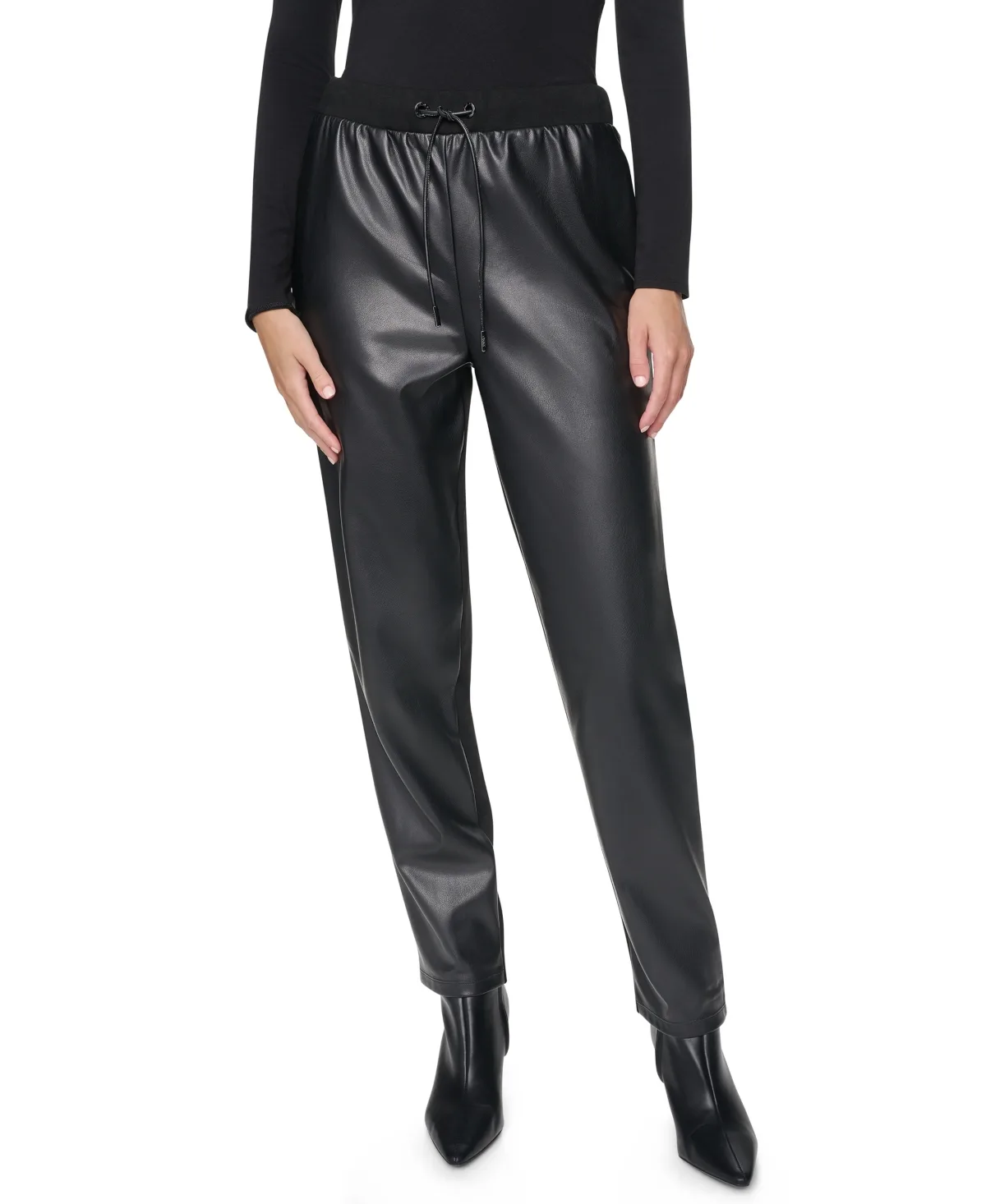 Faux Leather Front Ponte Back Mid Rise Pants