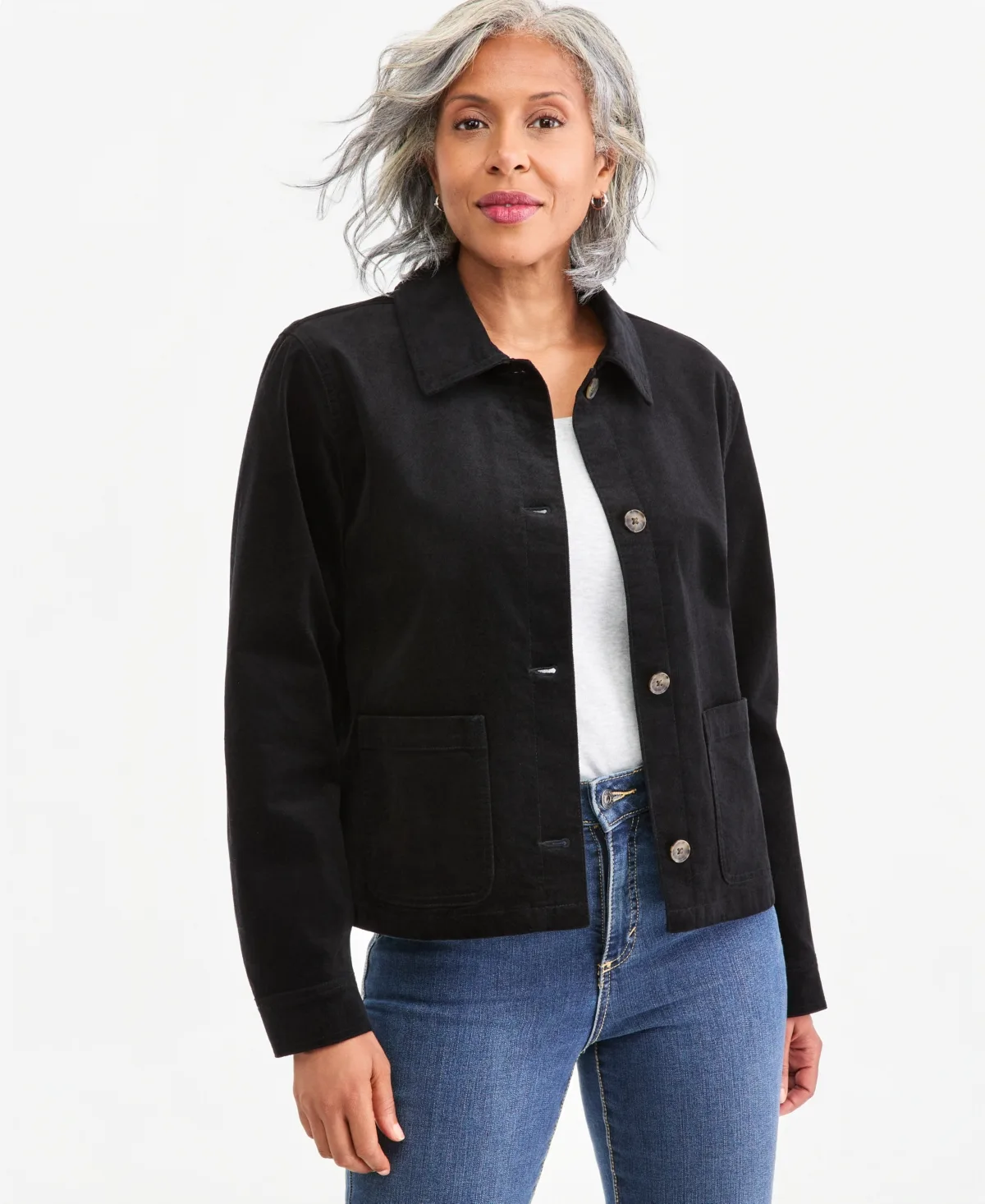 Style & Co Velveteen Patch-Pocket Long-Sleeve Jacket