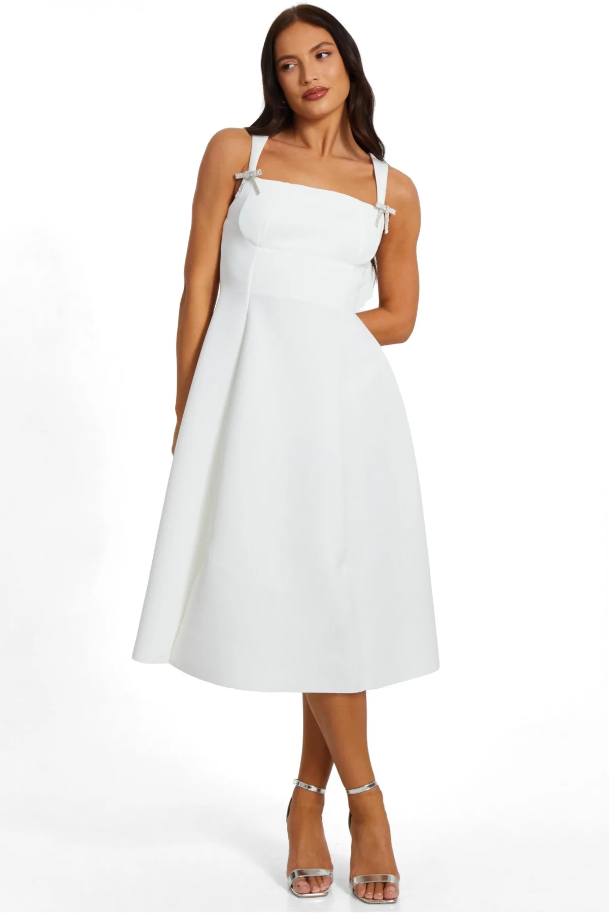 Quiz Scuba Foam Midi Skater Dress with Diamante Bows