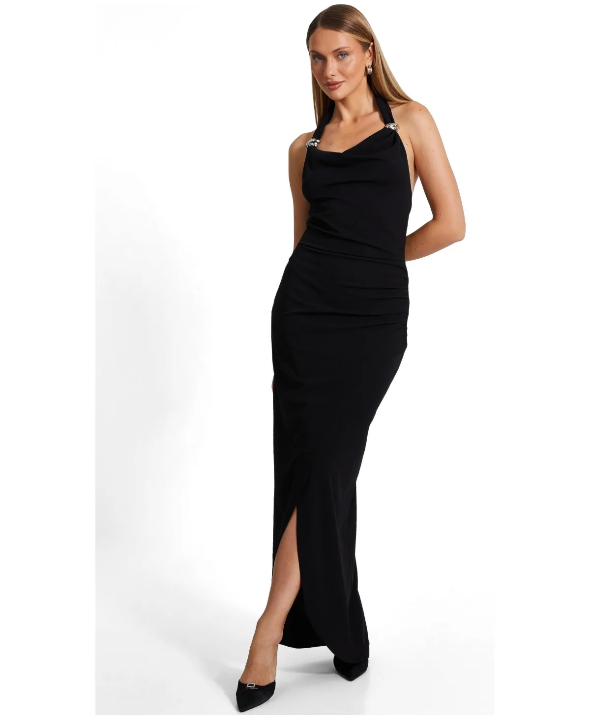 Scuba Crepe Buckle Detail Halter Neck Maxi Dress