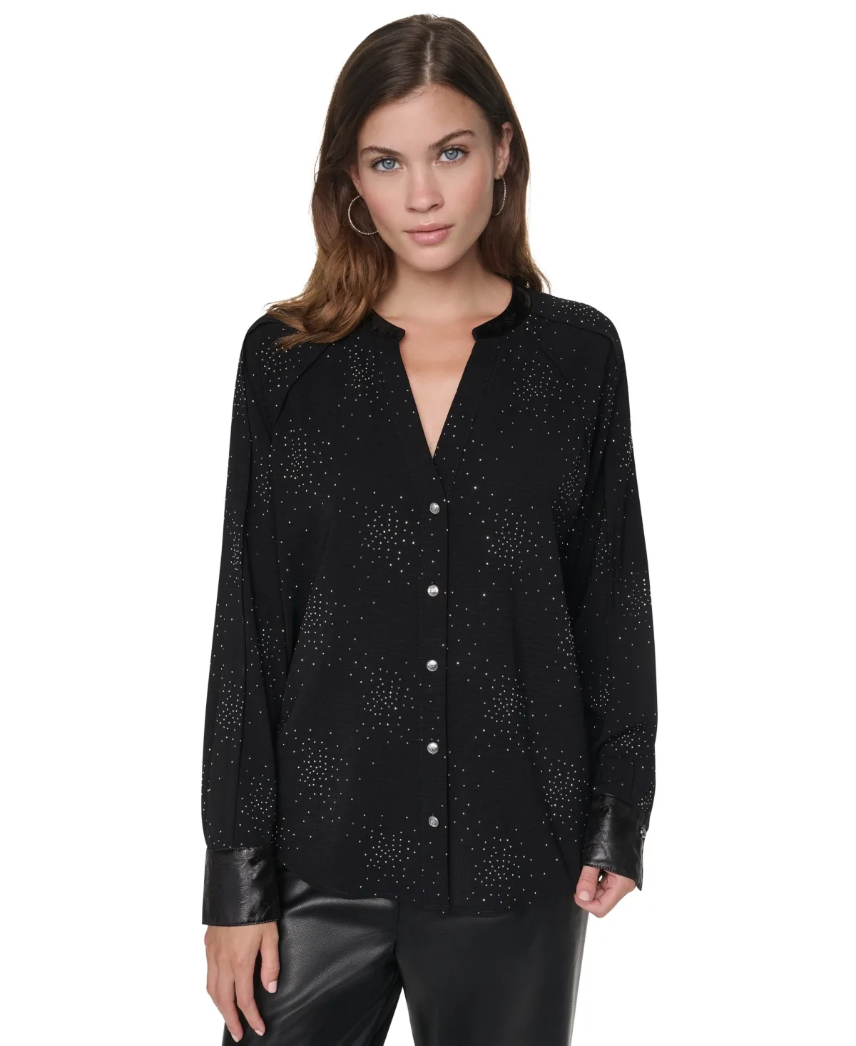 Firework Embellished Pleated Long-Sleeve Blouse