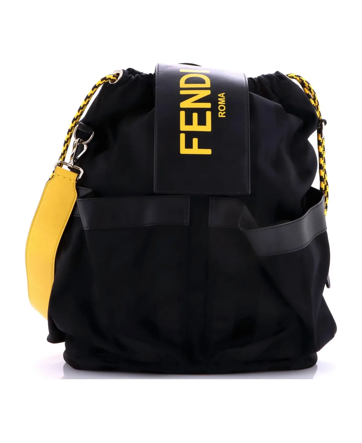 Pre-Owned Fendi Double Pocket Drawstring Backpack Pequin Nylon with Leather by FENDI