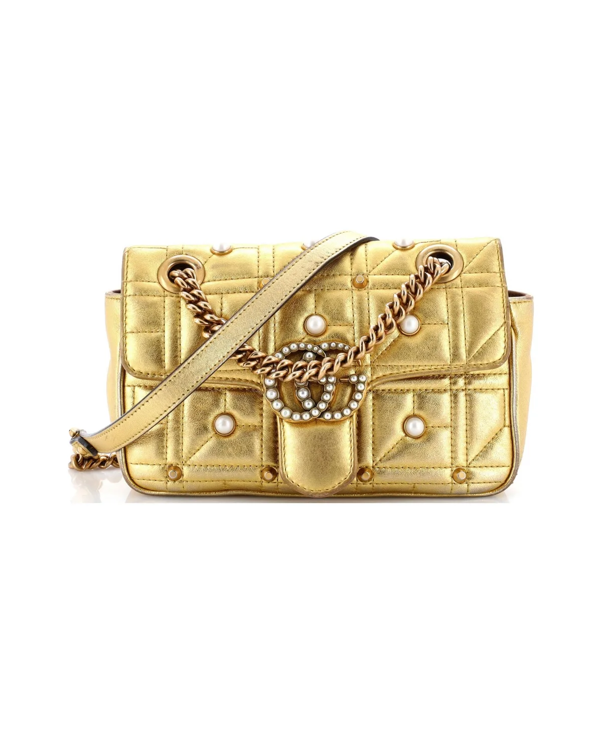 Pre-Owned Gucci Mini Pearly Gg Marmont Flap Bag Embellished Matelasse Leather by Gucci