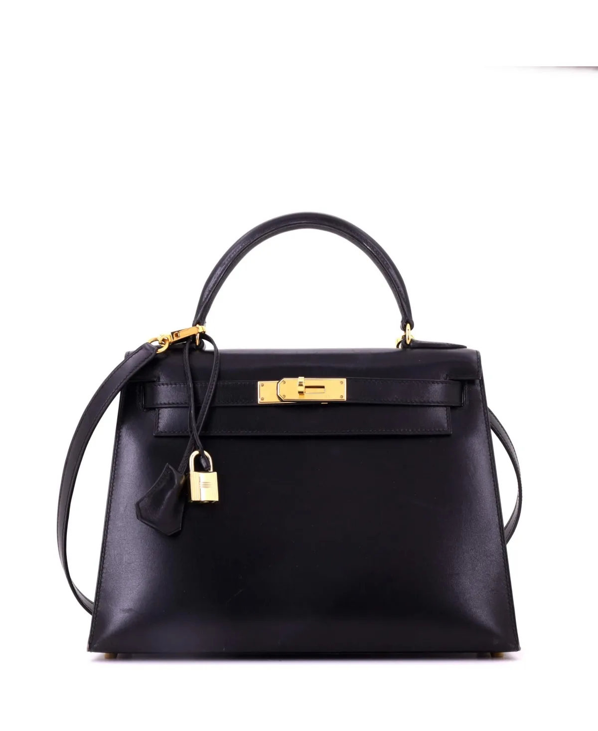 Pre-Owned Hermes Kelly 28 Handbag Black Box Calf with Gold Hardware by Hermes