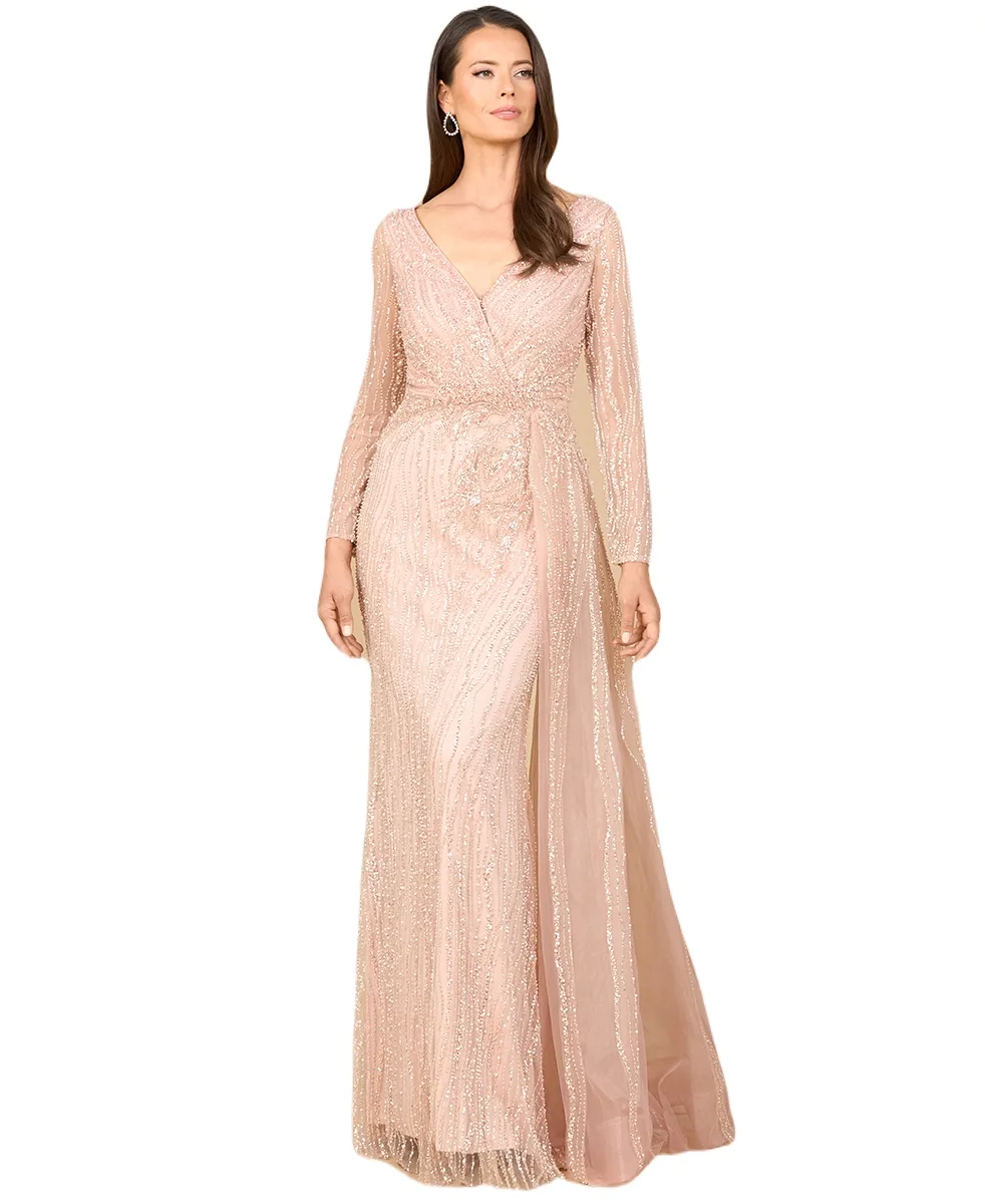 Long Sleeve V-Neck Gown with Drape by Lara