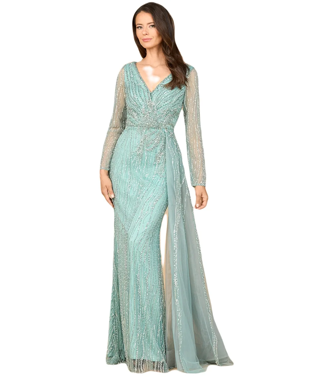 Long Sleeve V-Neck Gown with Drape