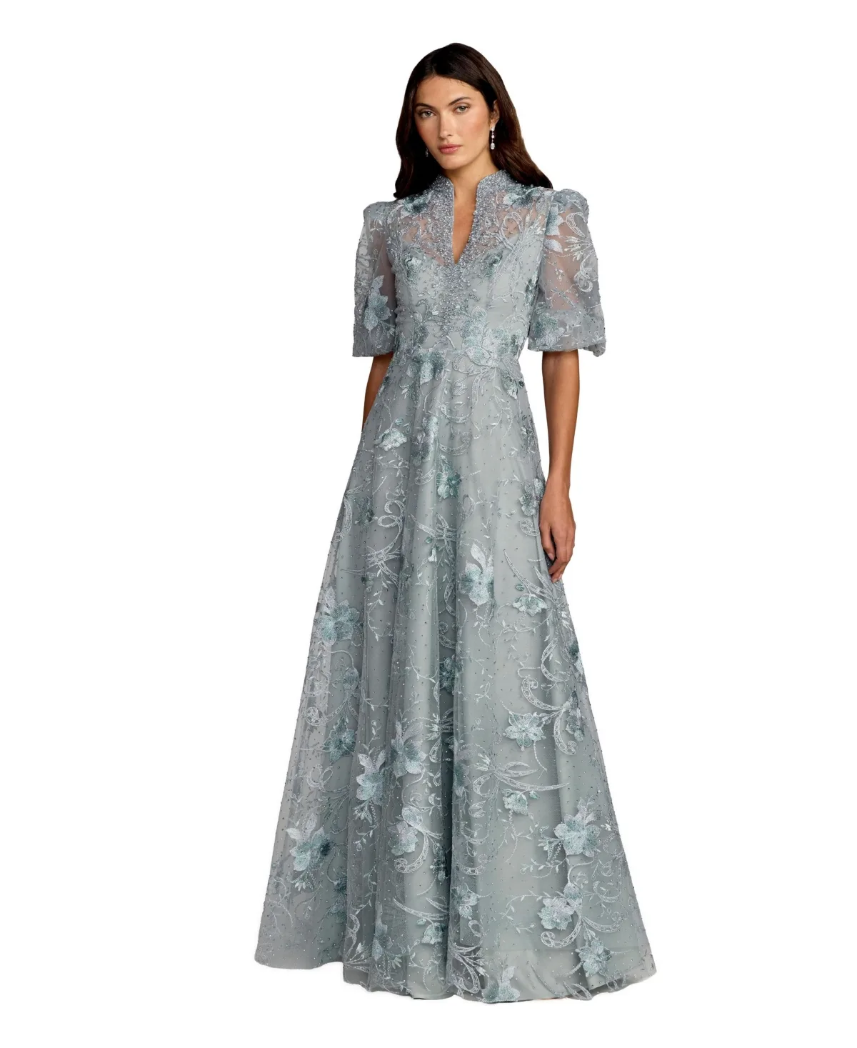 Mac Duggal Embroidered Queen Anne Puff Sleeve a Line Gown