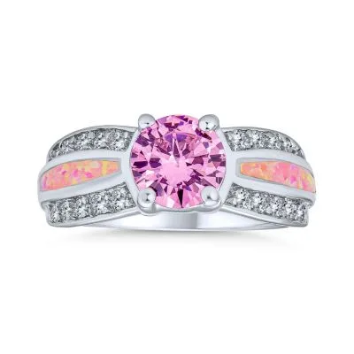 Unique Pink Cz Round Solitaire Promise Ring.925 Sterling Silver Created Opal Inlay Wide Band by Bling Jewelry
