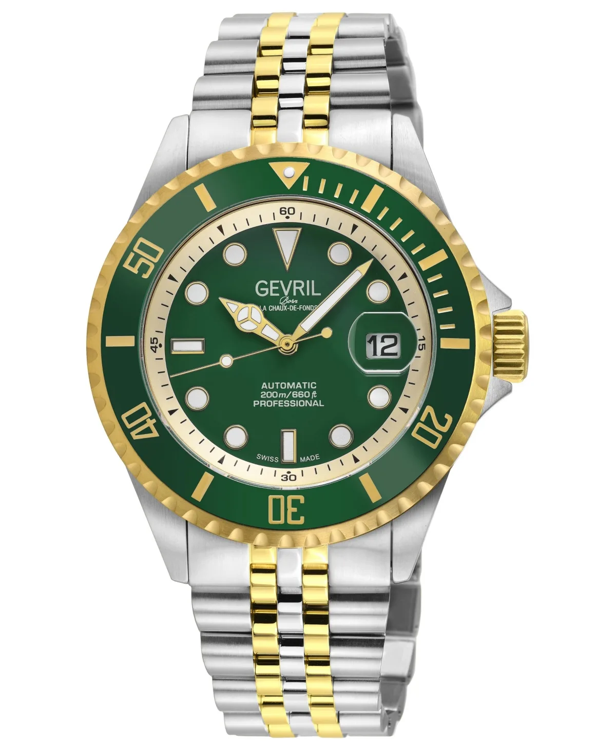 Swiss Automatic Wall Street Green Dial Two-Tone Stainless Steel Bracelet Watch, 43mm by Gevril