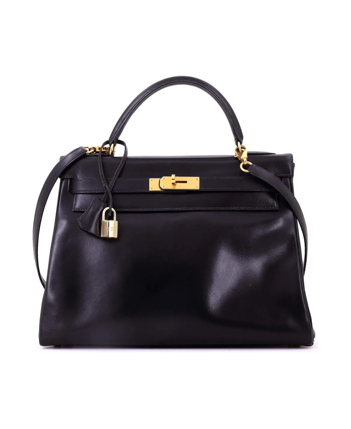 Pre-Owned Kelly 32 Handbag Black Box Calf with Gold Hardware by Hermes