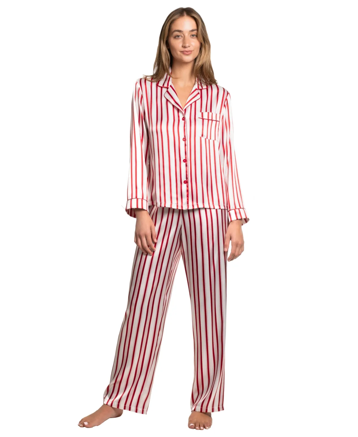 Satin Long-Sleeve Stripe Top and Pants, 2-Piece Set