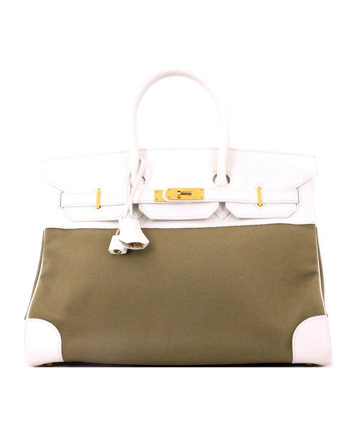 Pre-Owned Birkin 35 Handbag Toile and White Courchevel with Gold Hardware by Hermes