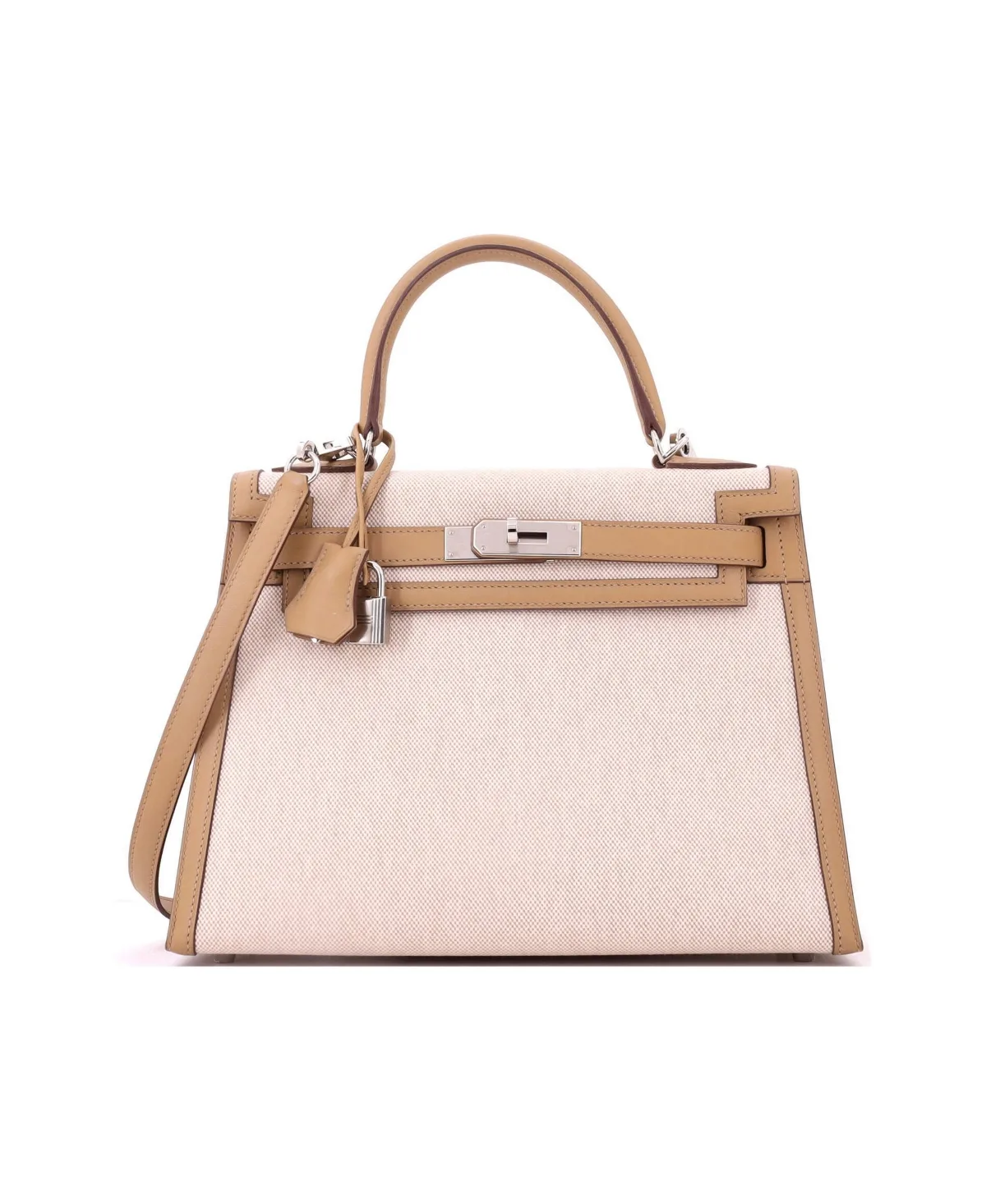 Pre-Owned Hermes Kelly 28 Handbag Toile and Brown Swift with Palladium Hardware by Hermes