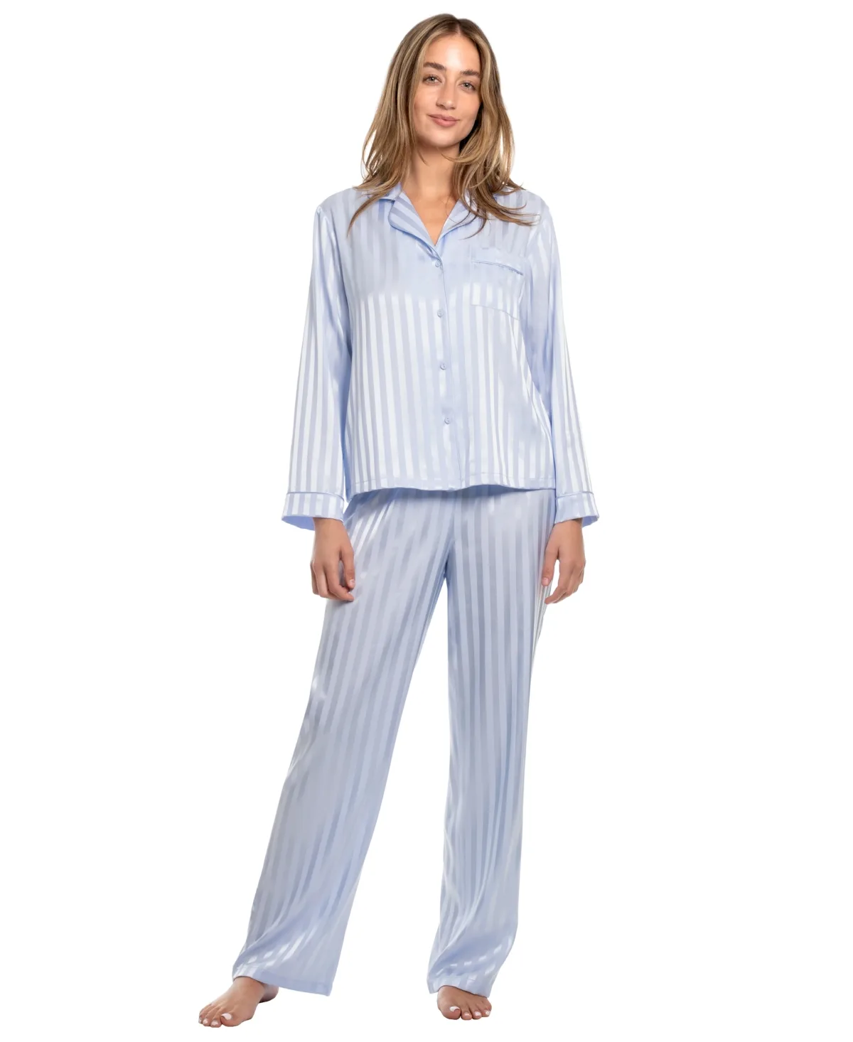 Long Sleeve Satin Pajama Top and Pants, 2-Piece Set