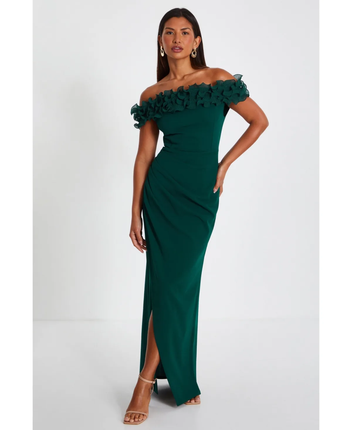 Scuba Crepe Ruffle Bardot Ruched Maxi Dress