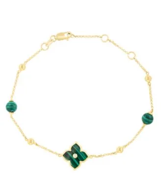Diamond Accent Malachite Stud Earrings Bracelet in 14k Yellow Gold