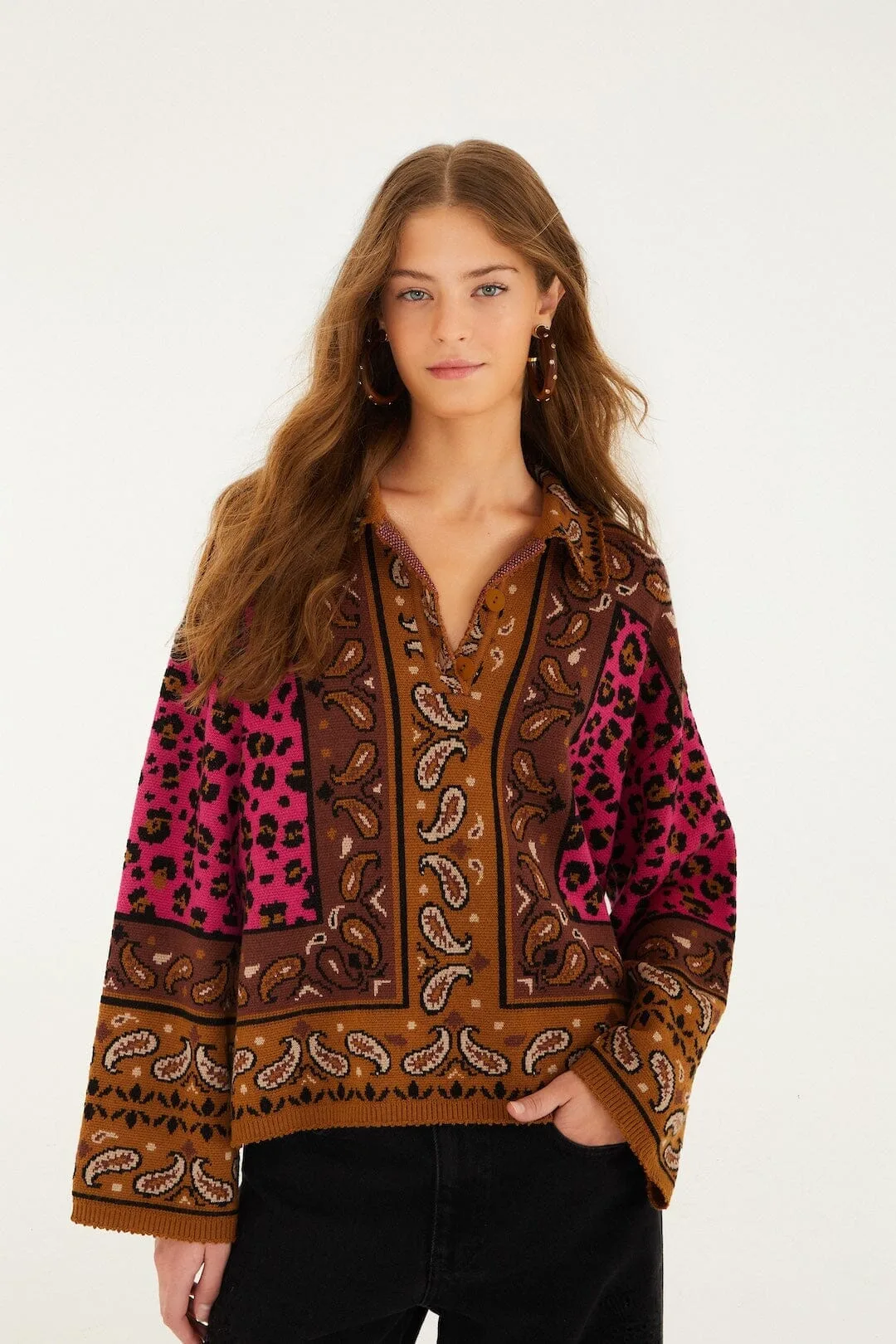 Leopard Scarf Polo Knit Sweater