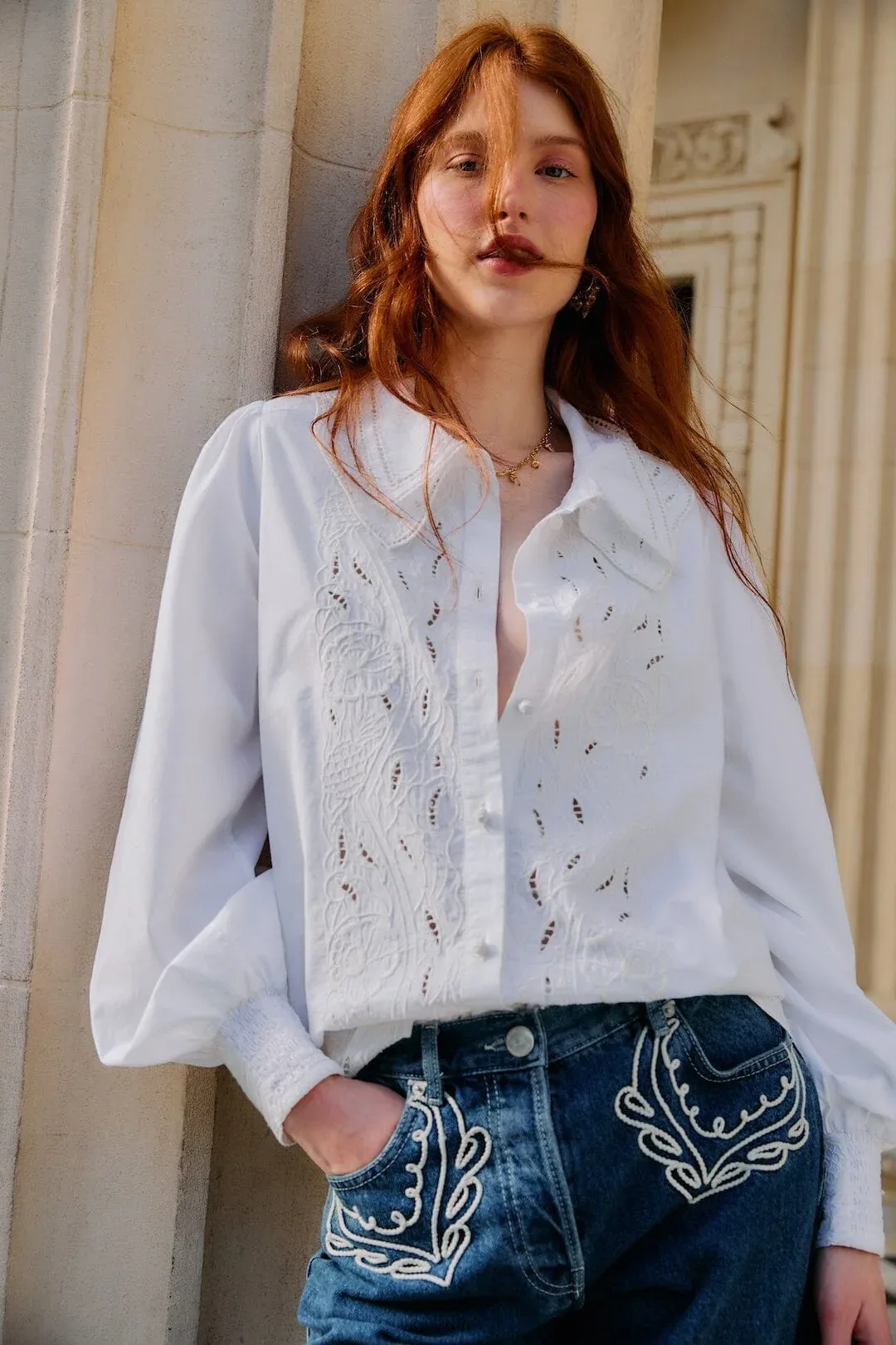 Embroidered Lace Buttoned Smocked Cuff Shirt