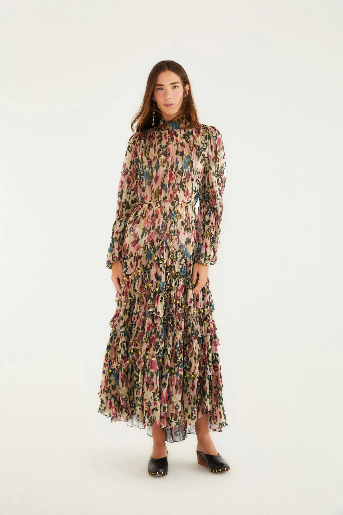Blurred Tiny Flowers Long Sleeve Maxi Dress