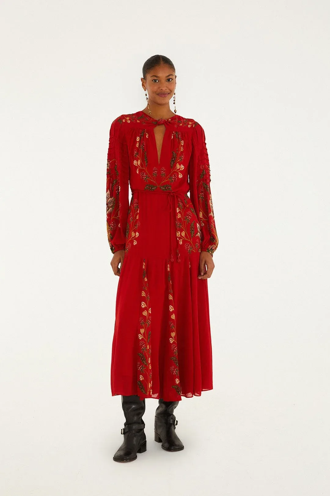 Berry Garden Long Sleeve Pleated Maxi Dress