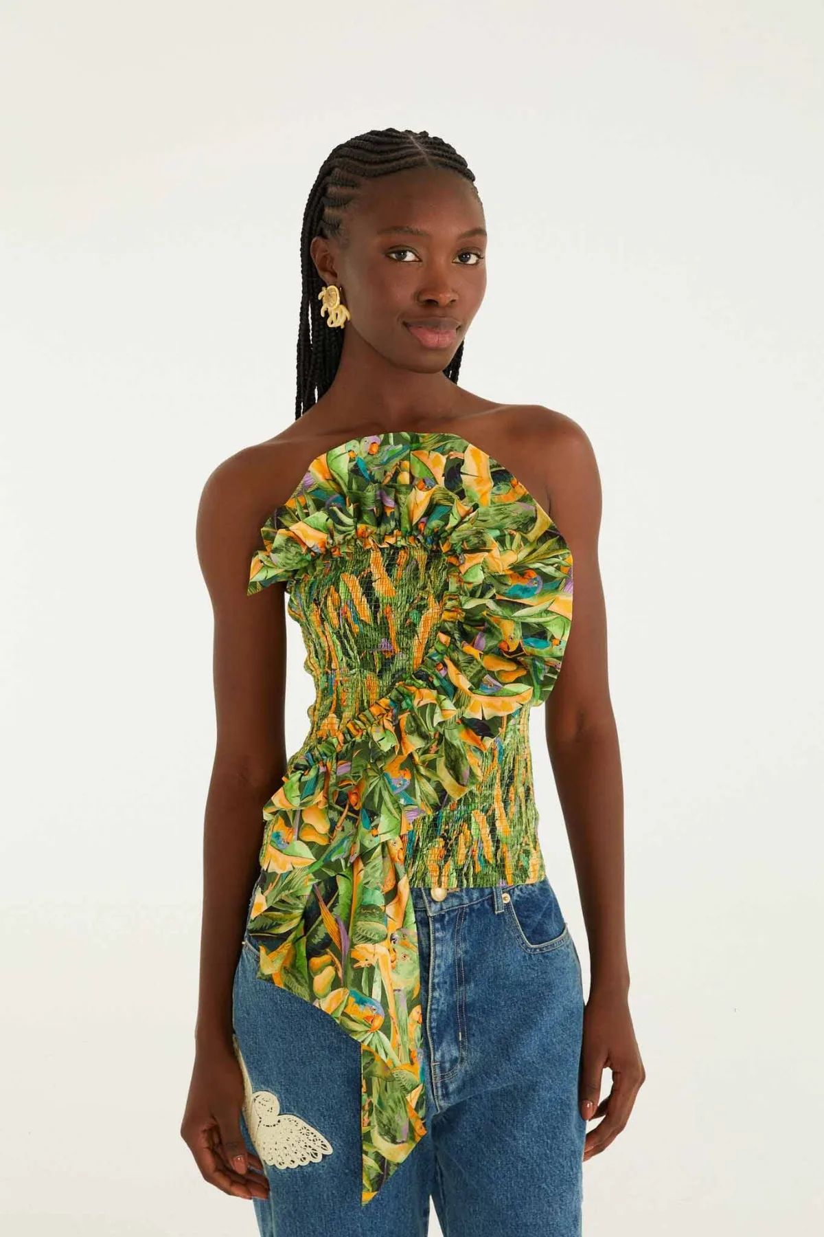 Forest Parrots Smocked Ruffled Strapless Top