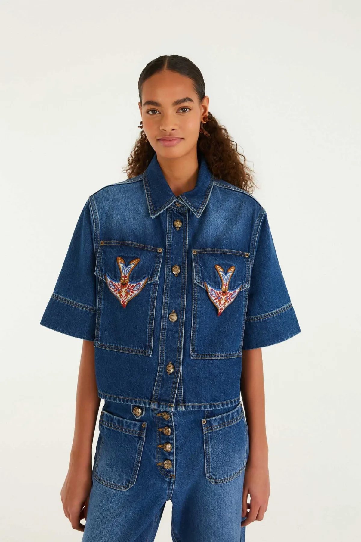 Denim Porcelain Birds Embroidered Shirt by FARM Rio