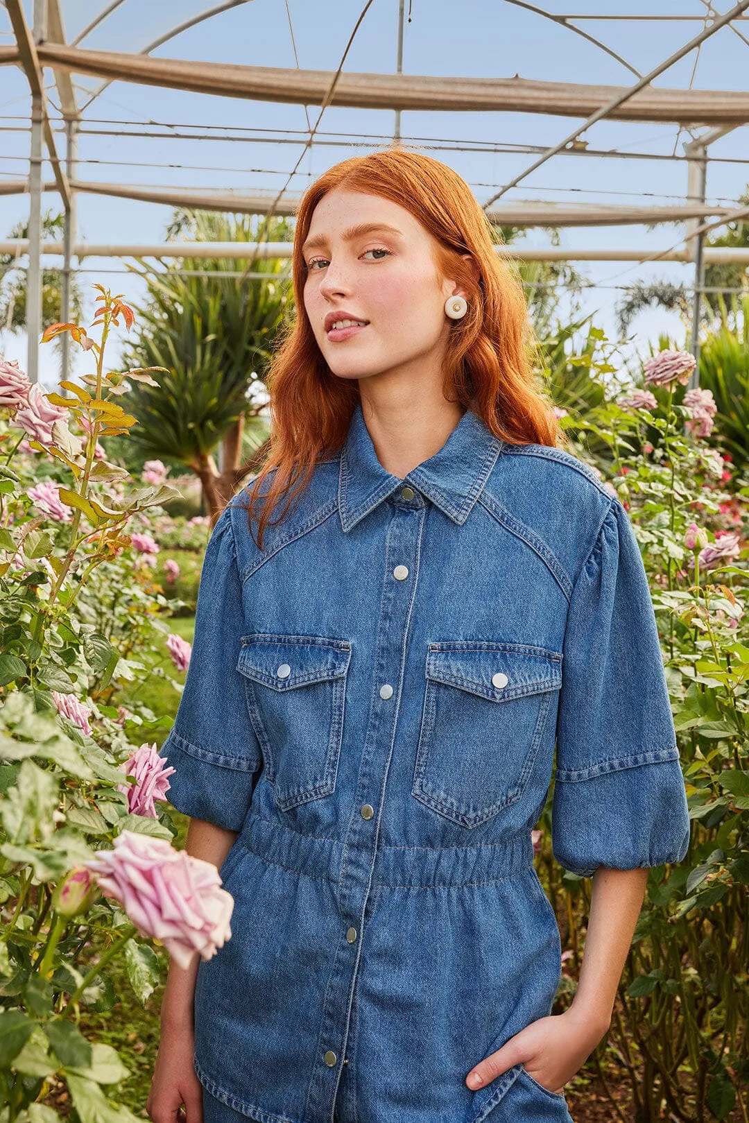 Denim Puff Sleeve Shirt by FARM Rio