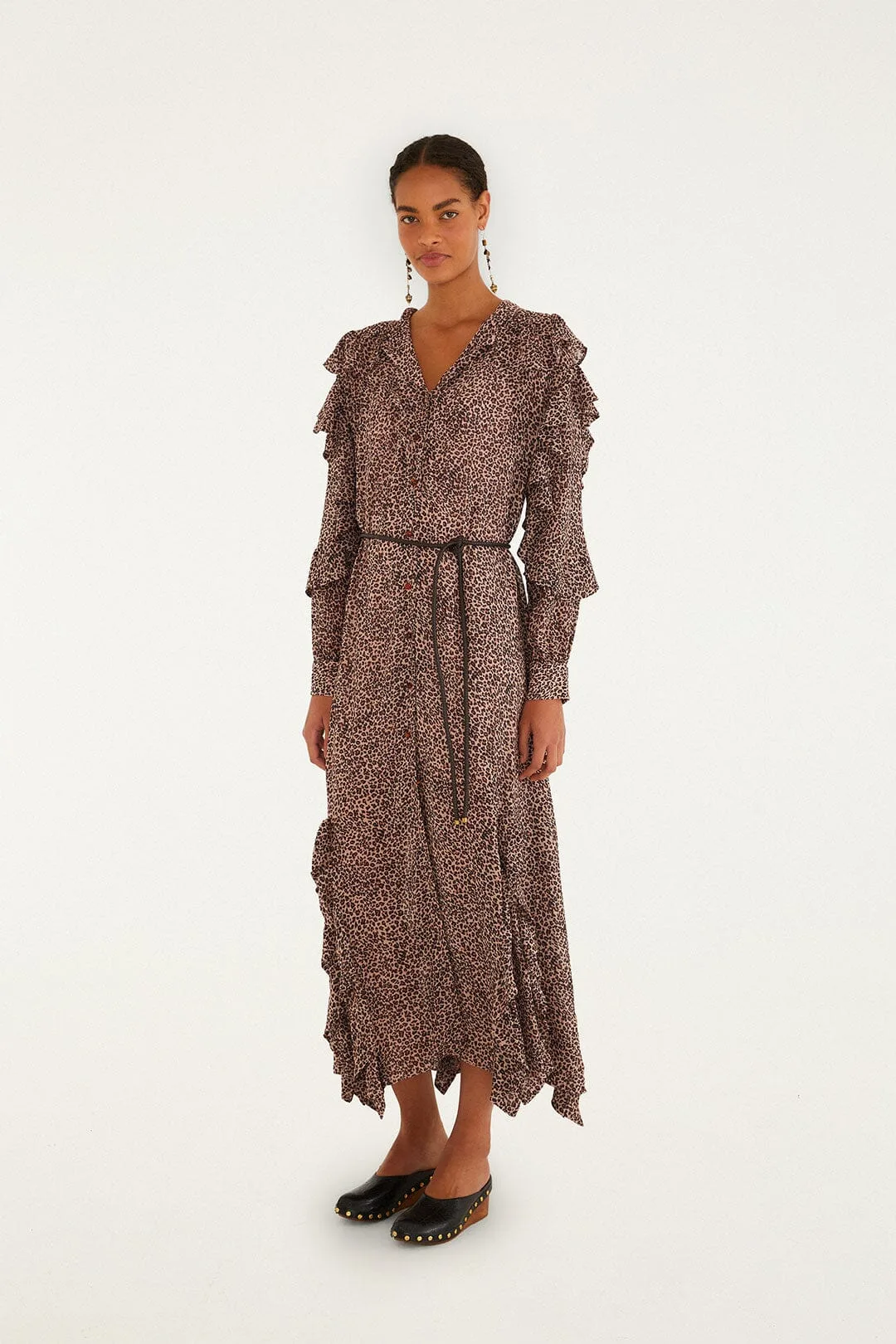 Baby Leopard Long Sleeve Angled Frill Maxi Dress