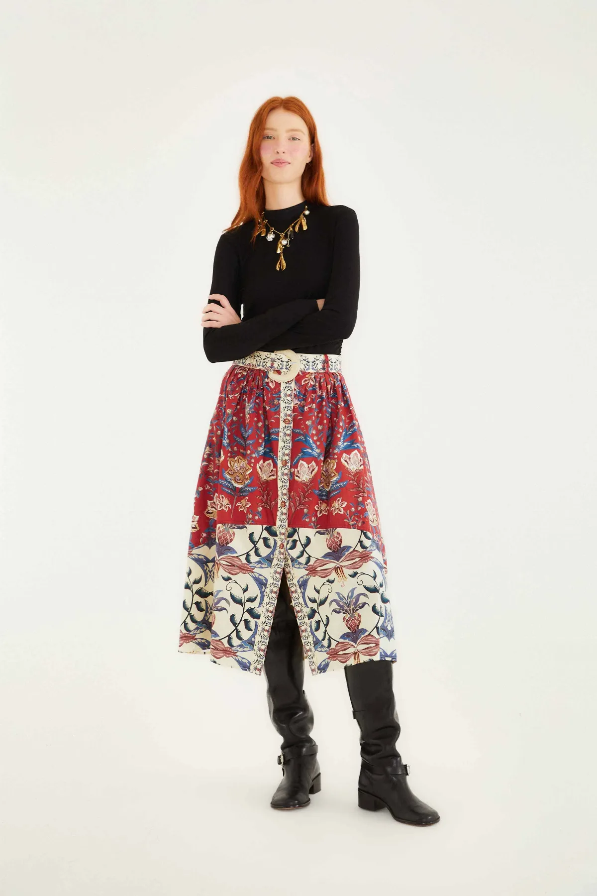 Winter Breeze Buttoned Belted Organic Cotton Midi Skirt