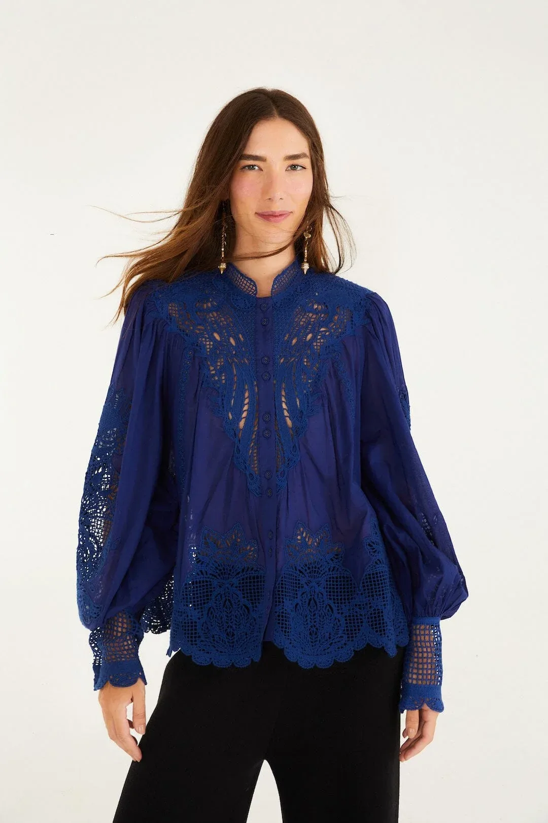 Navy Blue Guipure Blouse
