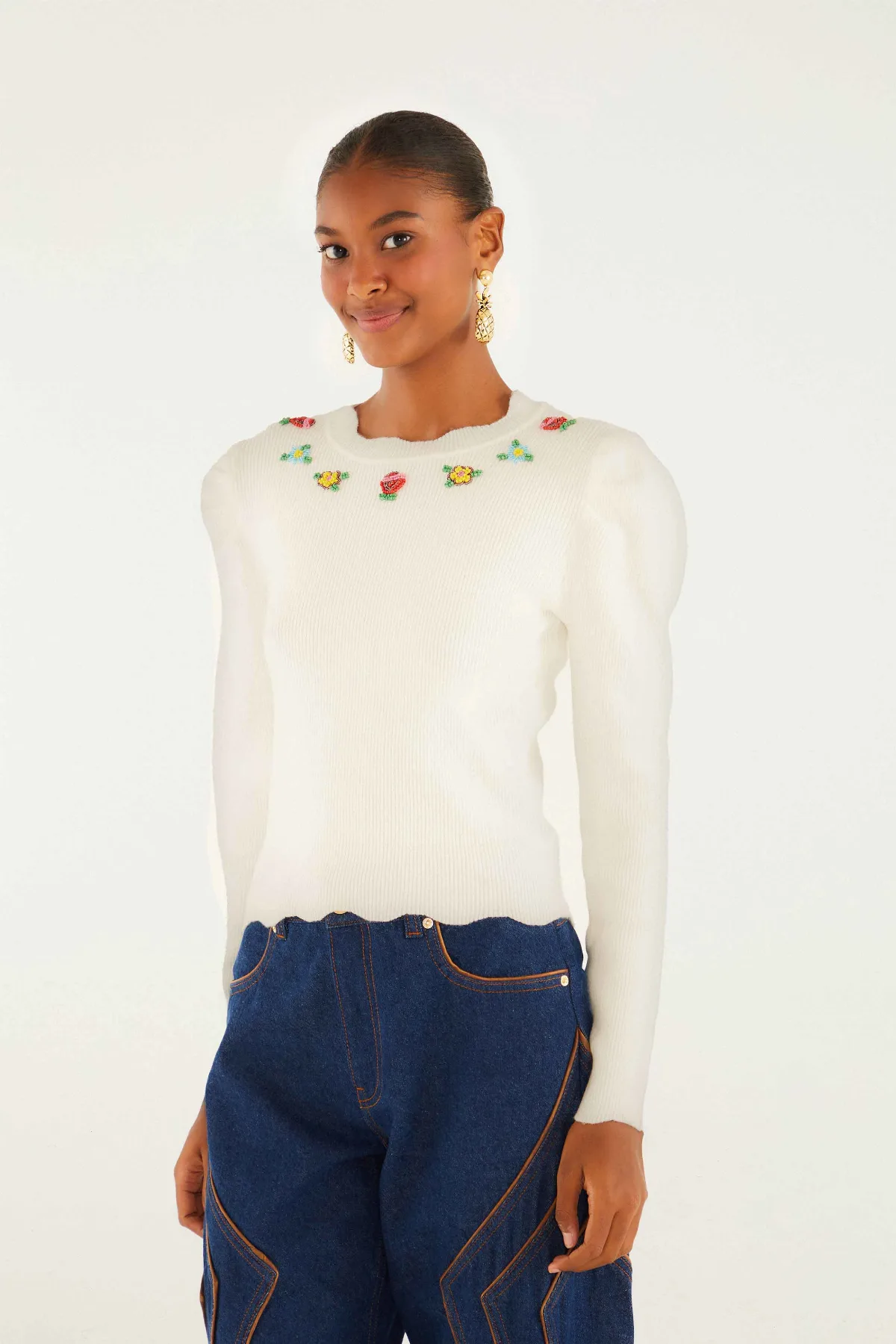 Flower Embroidery Knit Top by FARM Rio