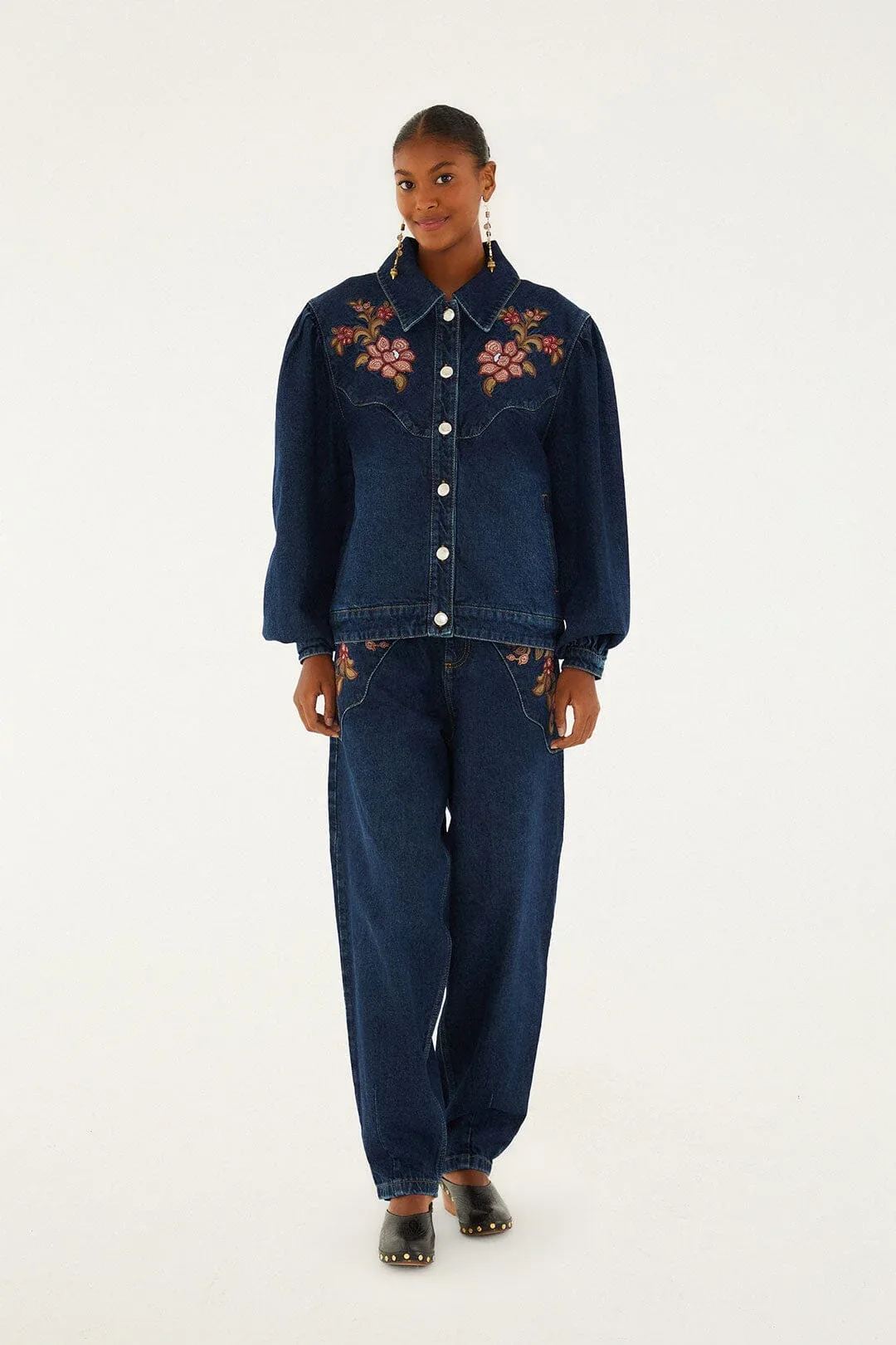 Denim Floral Embroidery Pants by FARM Rio