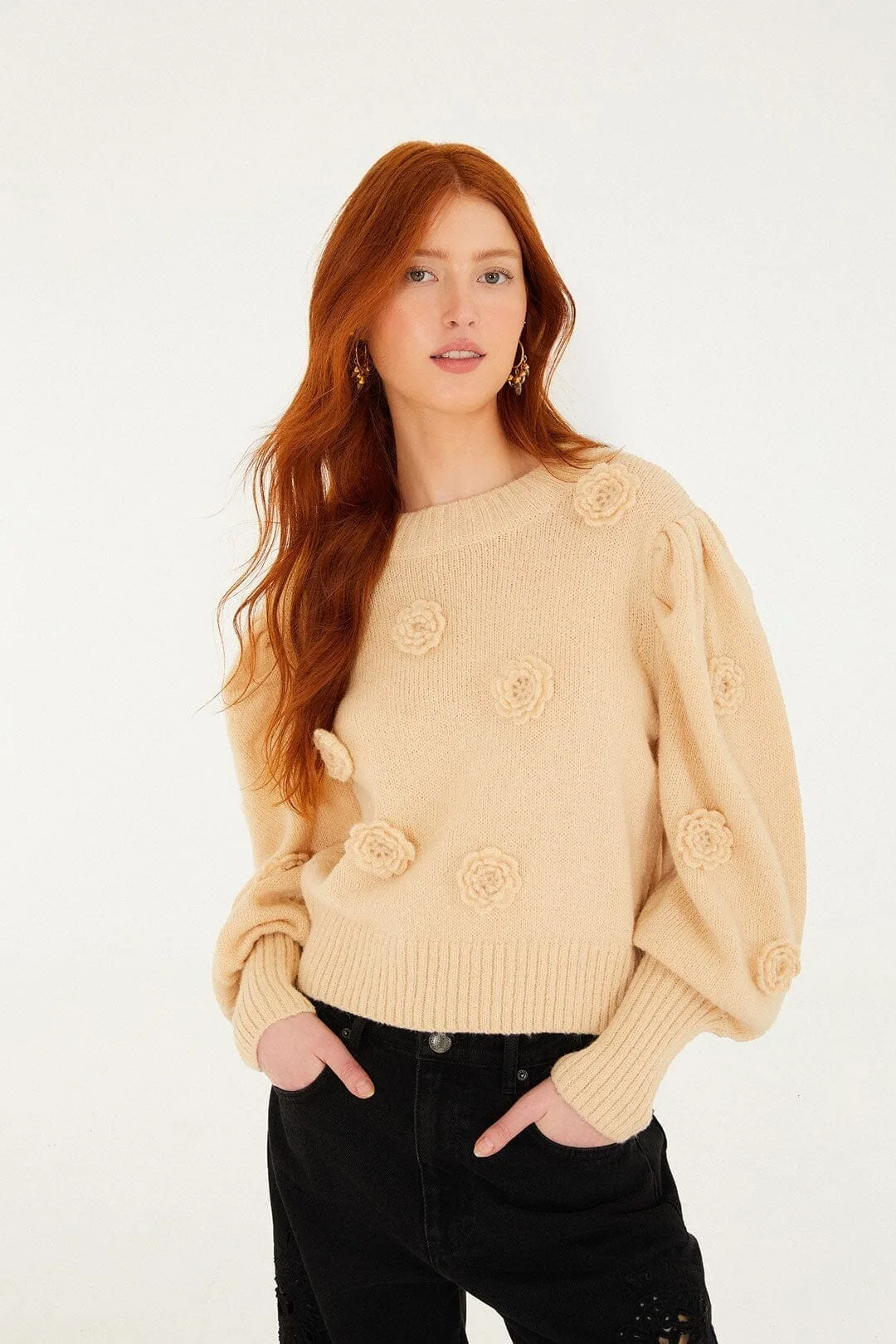 Crochet 3d Flower Dropped Shoulder Knit Sweater by FARM Rio