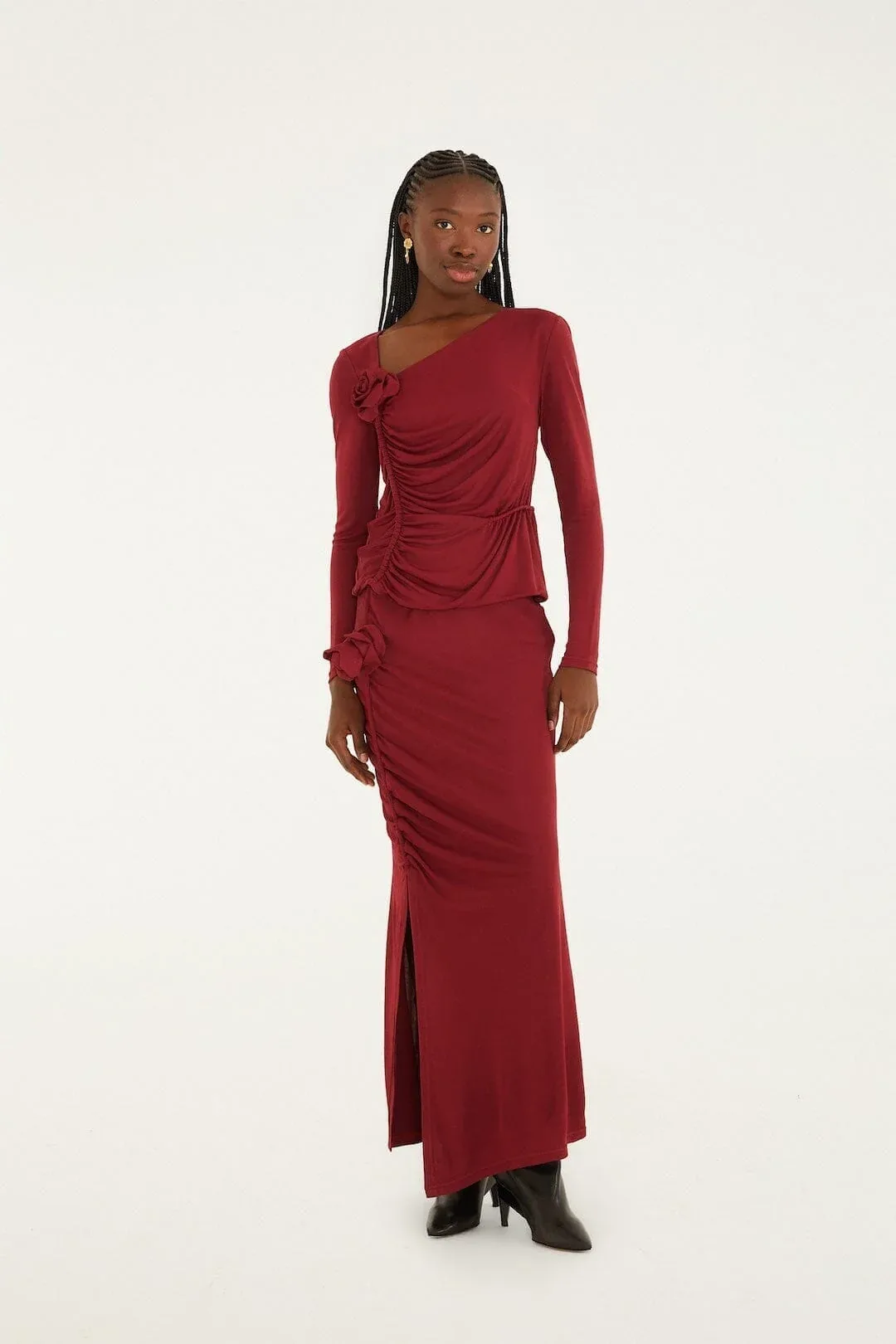 3d Flower Draped Side Slit Maxi Skirt