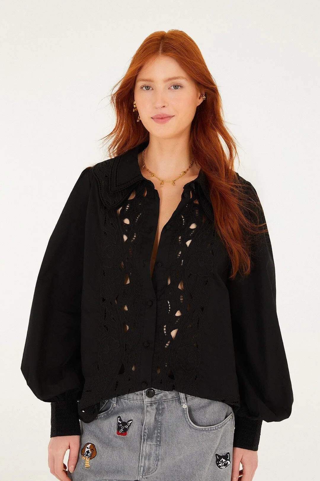 Embroidered Buttoned Puff Sleeve Shirt