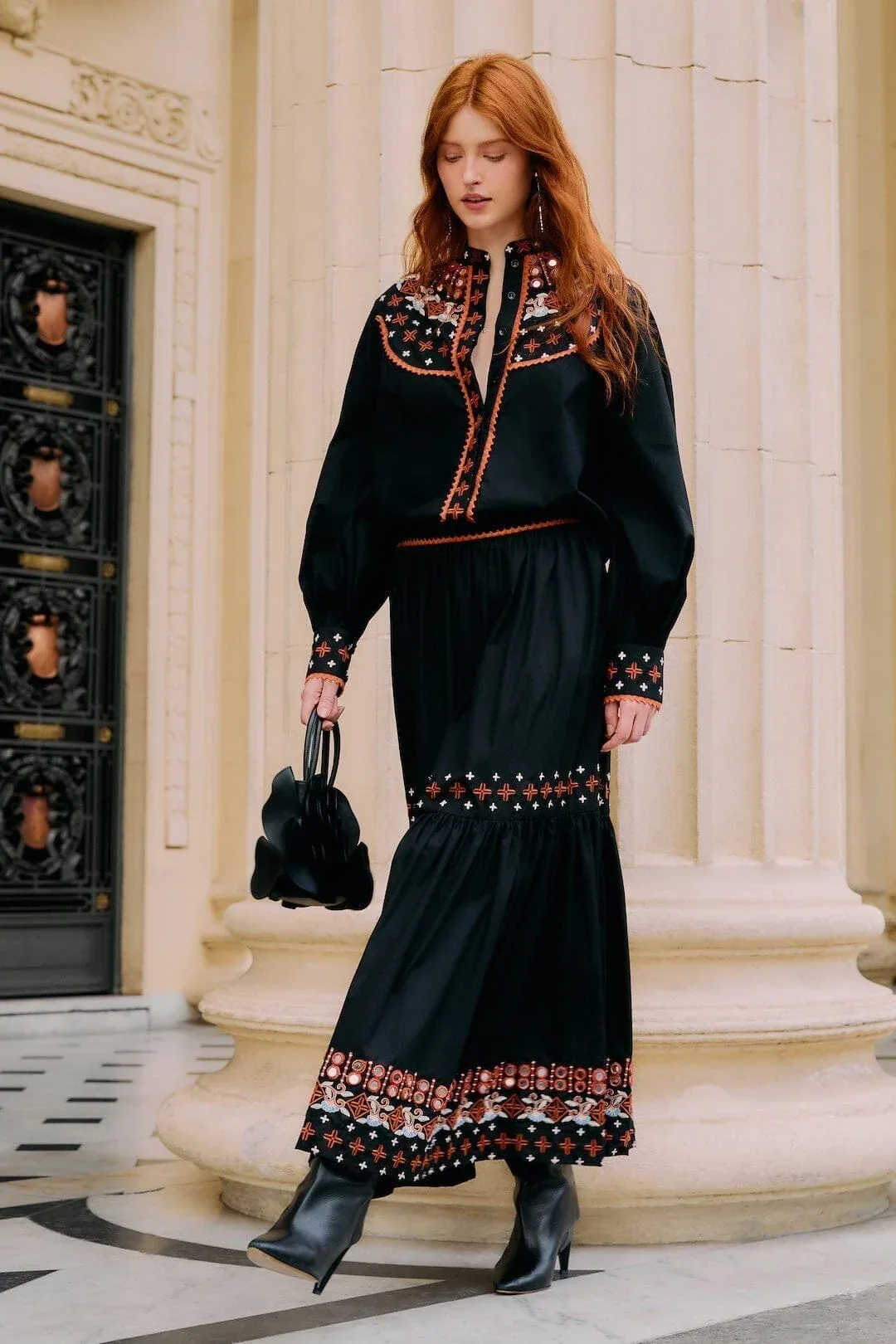 Embroidered Tiered Maxi Skirt