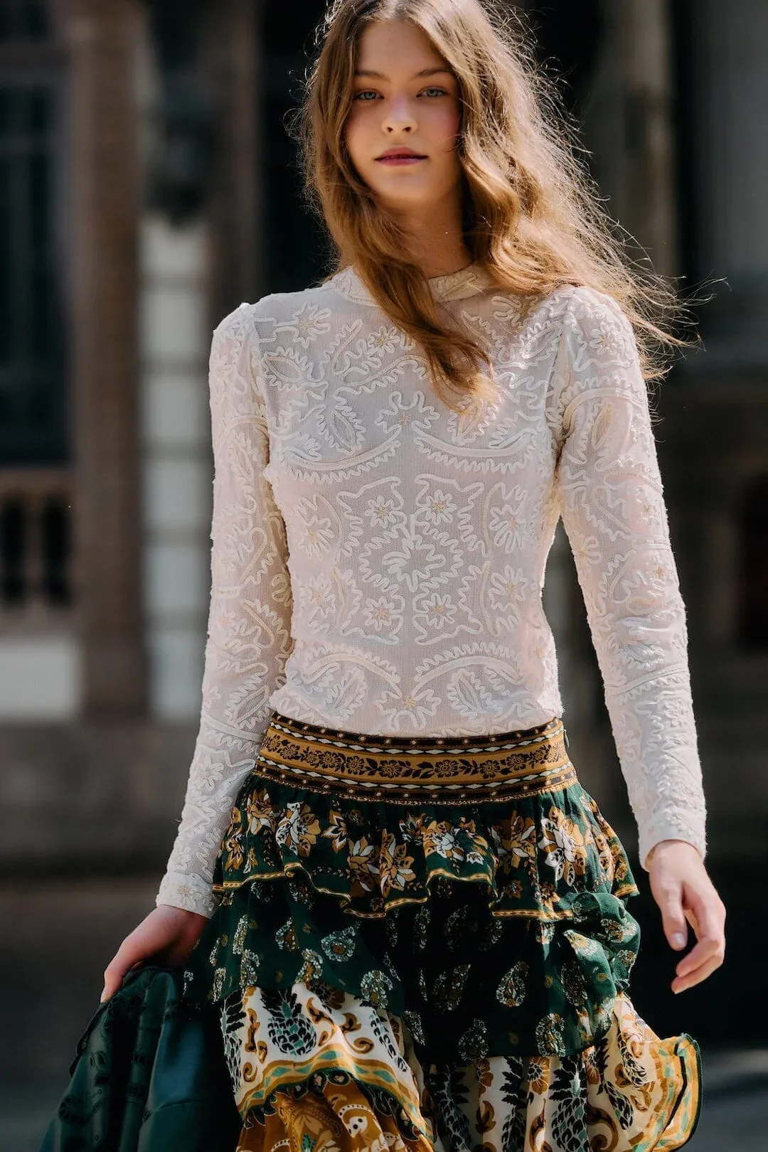 Off-White Embroidered Crew Neck Long Sleeve Blouse by FARM Rio