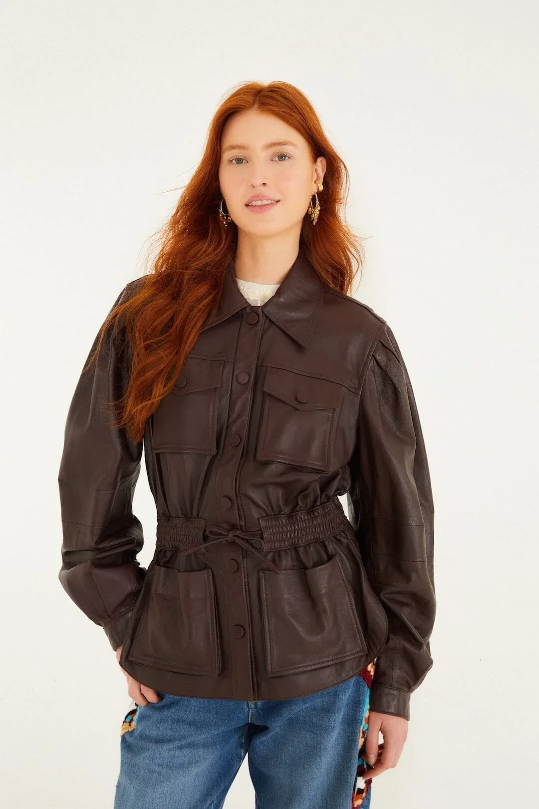 Burgundy Drawstring Pockets Leather Parka by FARM Rio