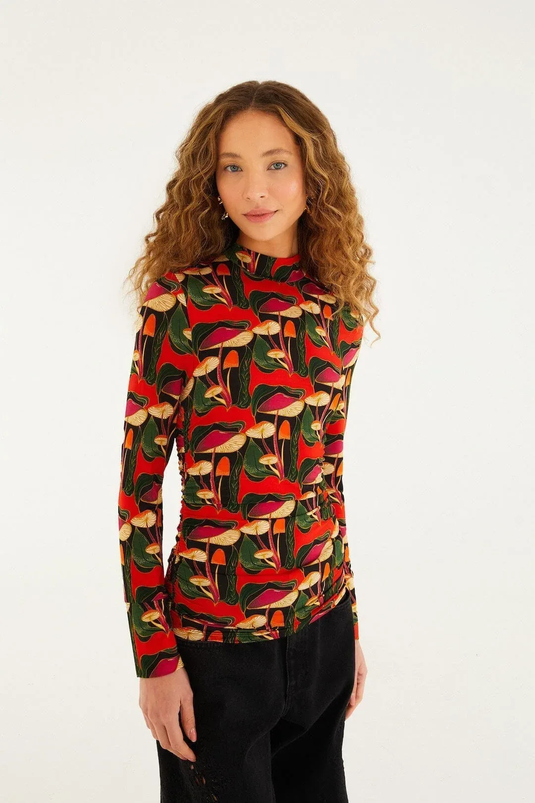Wild Mushrooms Ruched Waist Jersey Blouse