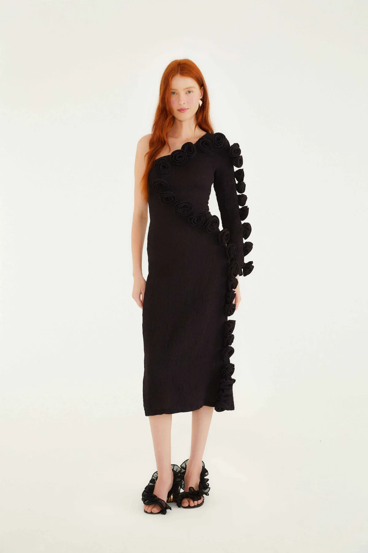 3d Rose One-Shoulder Midi Dress