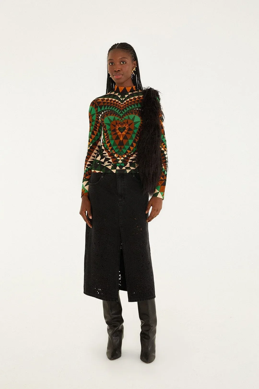 Denim Richelieu Front Slit Midi Skirt by FARM Rio