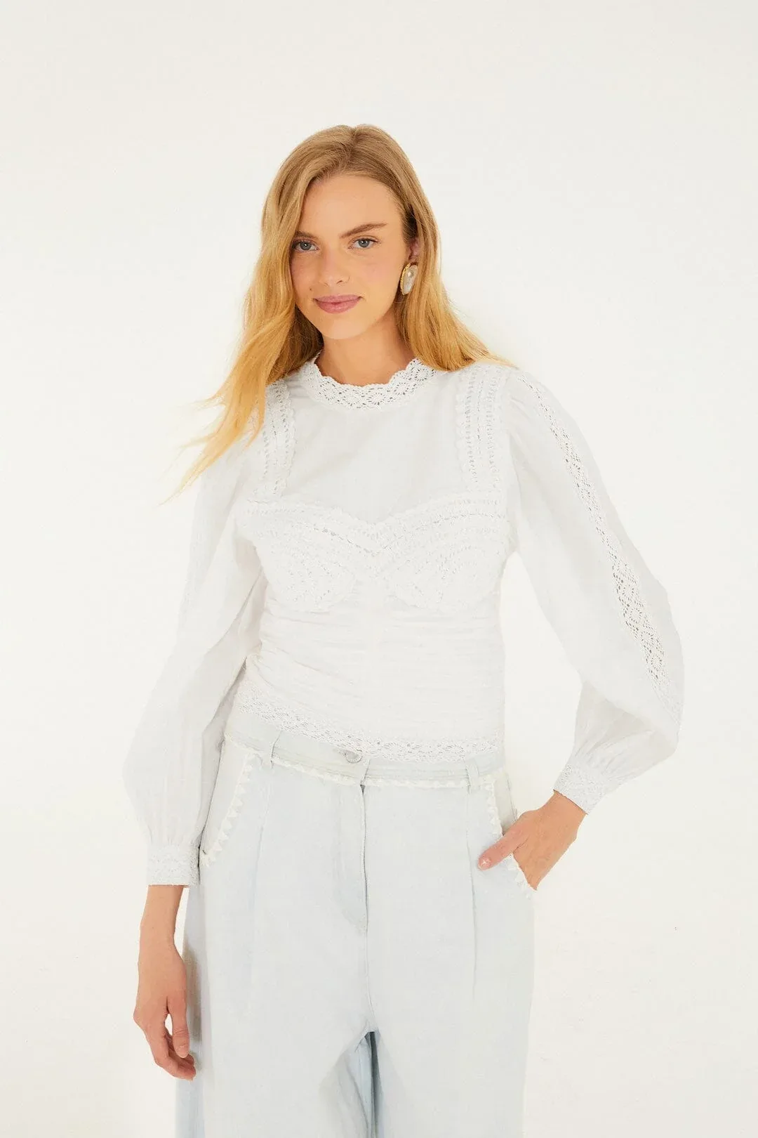 Crew Neck Long Sleeve Crochet Blouse